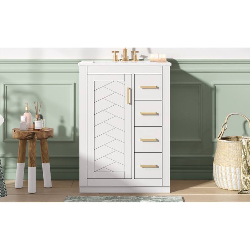 Roomfitters 24 Inch Bathroom Vanity with Integrated Ceramic Sink, Storage Cabinet with 3 Sliding Tiers & Soft Close Door