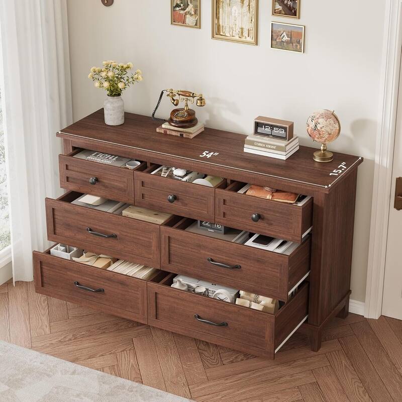 54 in 7 Drawer Wide Dresser with Storage for Living Room, Bedroom