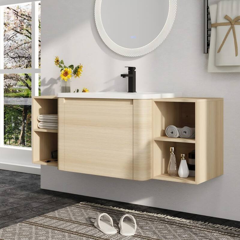 Malwee 28"/40"/52"/68" Floating Bathroom Vanity, Wall Mounted Bathroom Vanity with Ceramic Sink,Soft Close Door and Shelf - 51.6"×18.7"×19.9"