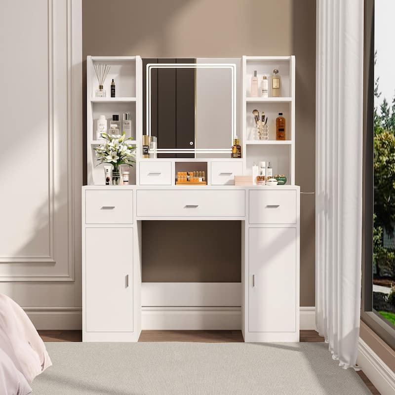 5 Drawer 43.31 in. W Dresser Table with Mirror - White