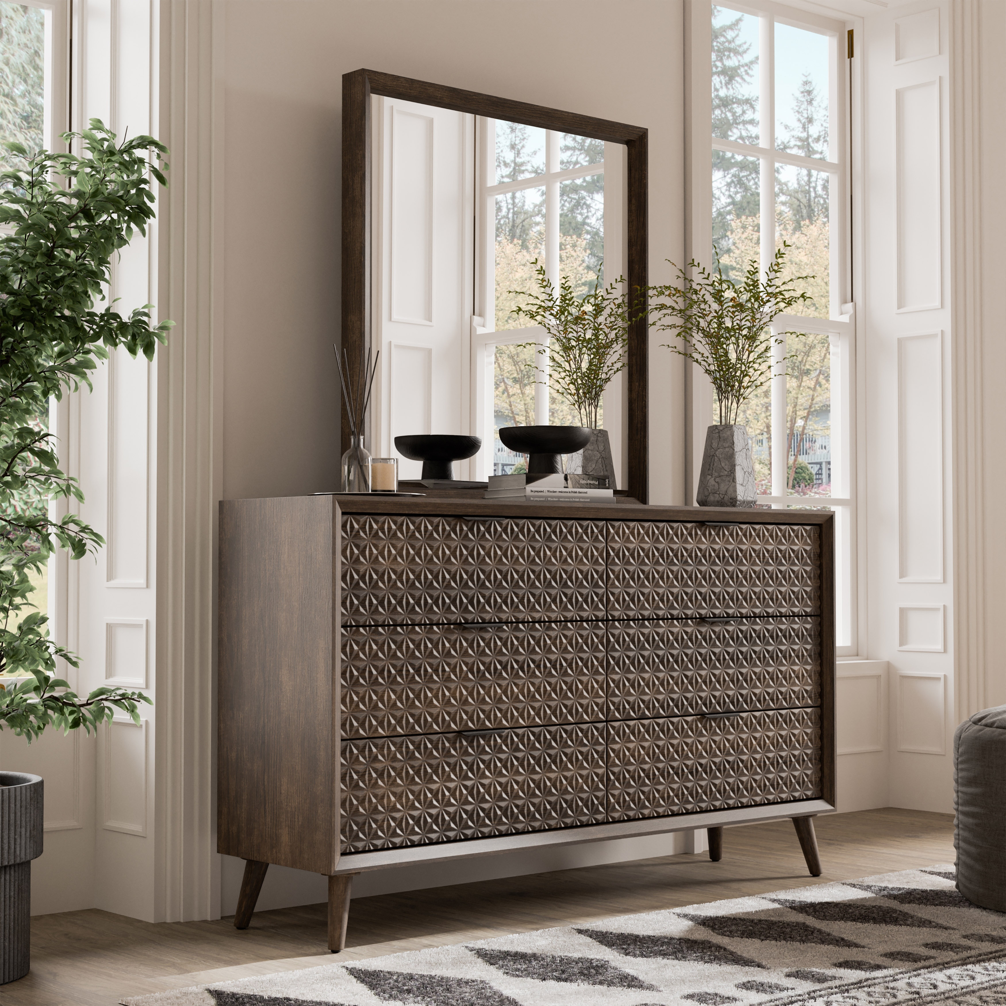 Furniture of America Orelo Modern 2-Piece Dark Brown Wood 6-Drawer Dresser and Mirror Set