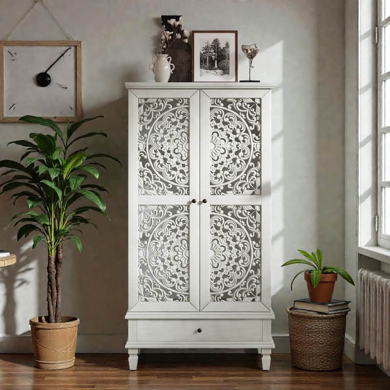 55'' Rustic Tall Storage Cabinet with Drawer, Carved Wood 2-Door Accent Cabinet with Solid Wood Legs for Living Room - Antique Grey White
