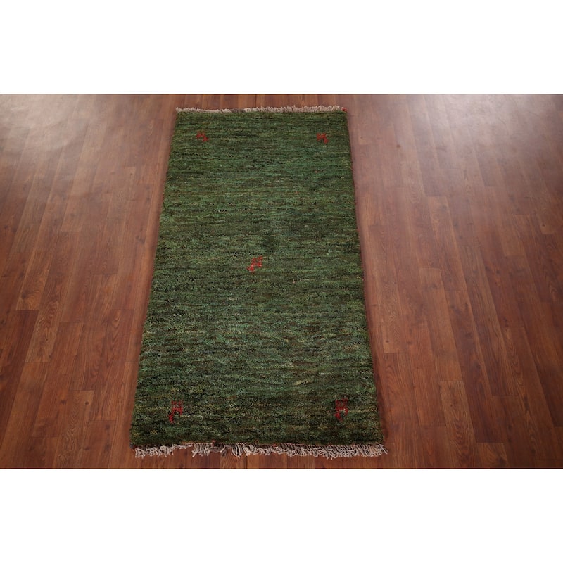 Tribal Green Gabbeh Persian Accent Rug Handmade Wool Carpet - 2'7"x 5'0"