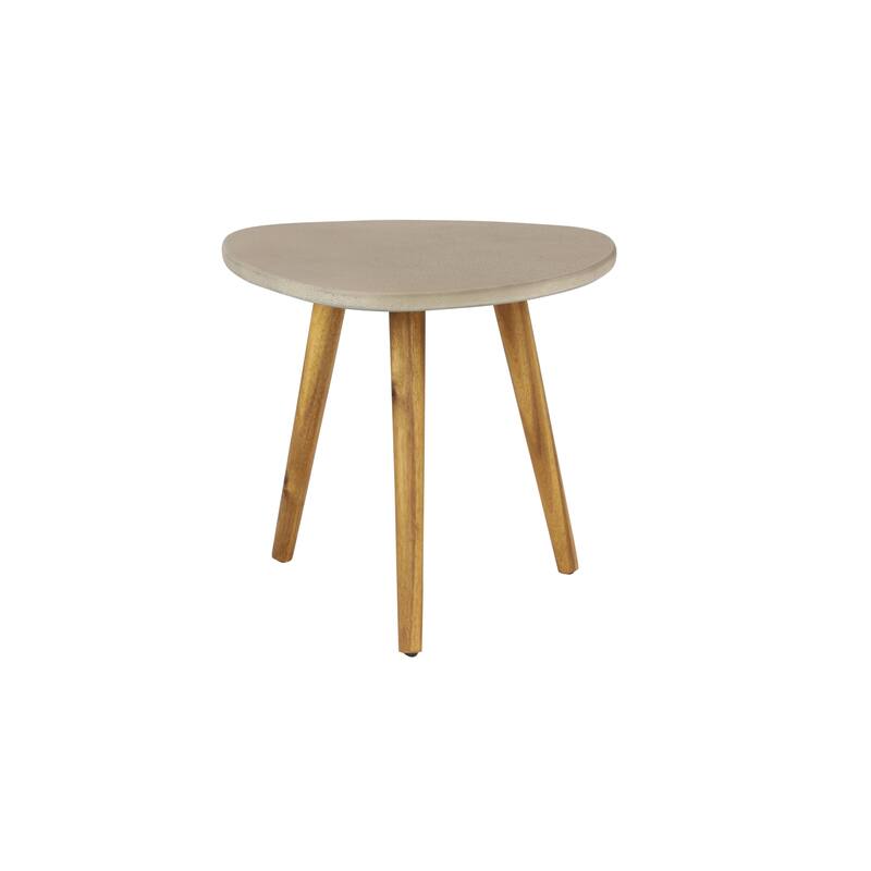 Gray Concrete Inspired Oval End Table Outdoor Accent Table with Brown Tapered Wood Legs