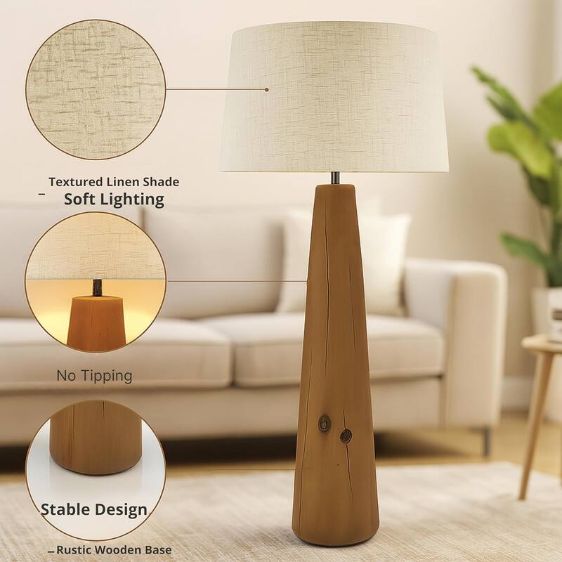 Brown 59" Tall Resin Floor Lamp with Woodgrain Base and Linen Shade
