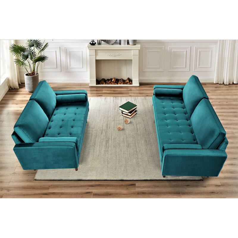 Monahan Velvet Tufted Back 2 PCS Living Room Set, Sofa & Loveseat - Greenish Blue