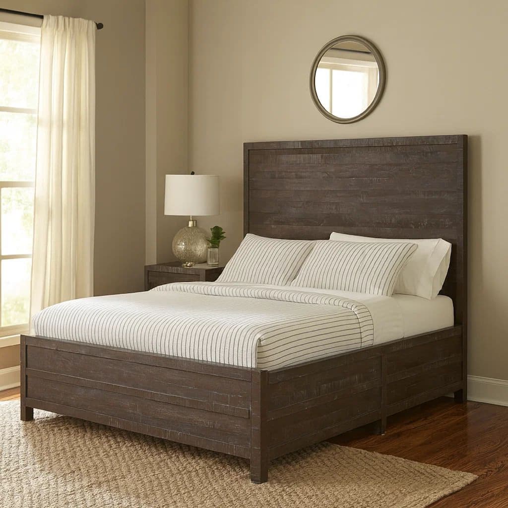 Cas King Size Bed, Rustic Rough Hewn Solid Wood Planks, Dark Gray Wood