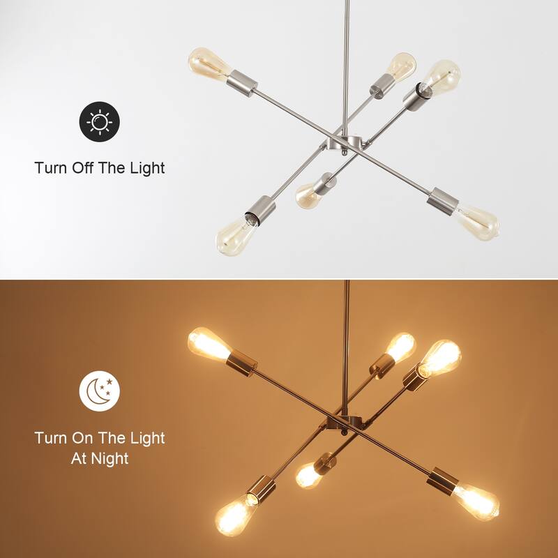 Modern 6-Light Sputnik Linear Chandelier, Modern Sputnik Sphere Chandelier for Dining Room Living Room Bedroom Kitchen - Nickel