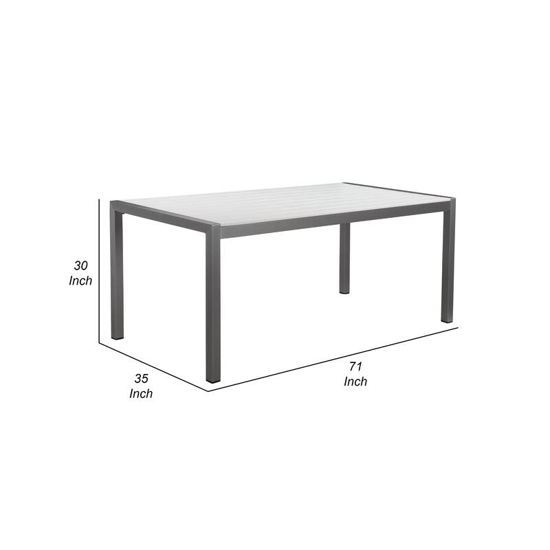 Fifi 71 Inch Outdoor Dining Table, White Polyresin Top, Gray Aluminum Frame