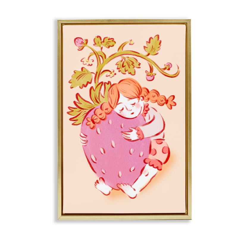Stupell Girl Hugging Strawberry Framed Floater Canvas Wall Art Design By Hannah Moren - 17 x 25 - Gold