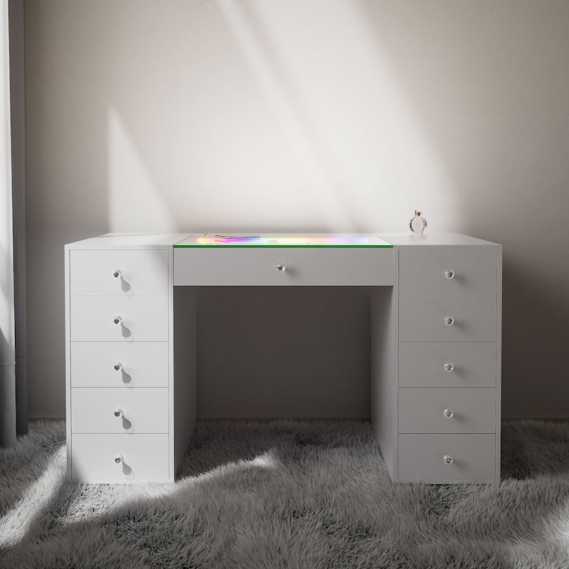 51.2" Vanity Desk with RGB LED Light Strip, Glass Top Vanity with 11 Drawers, Large Dressing Table with 6 Color Lighting Modes