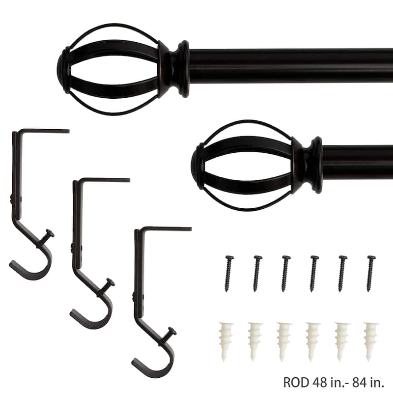 Lumi 5/8" Single Curtain Rod Set- Cage Ball finials - 48"-84" - Oil Rubbed Bronze