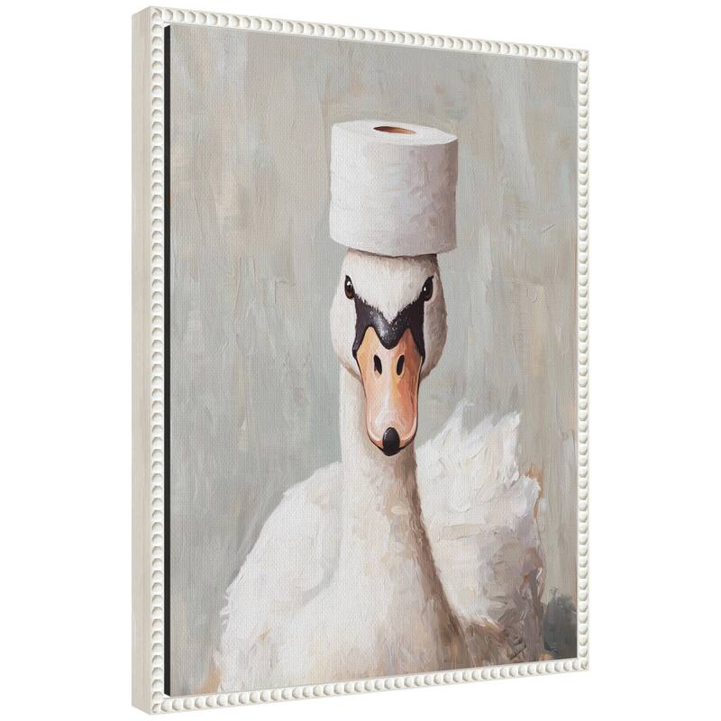 Kate and Laurel Sylvie Toilet Paper Roll on White Swans Head Bathroom Art Framed Canvas by The Creative Bunch Studio - 18x24