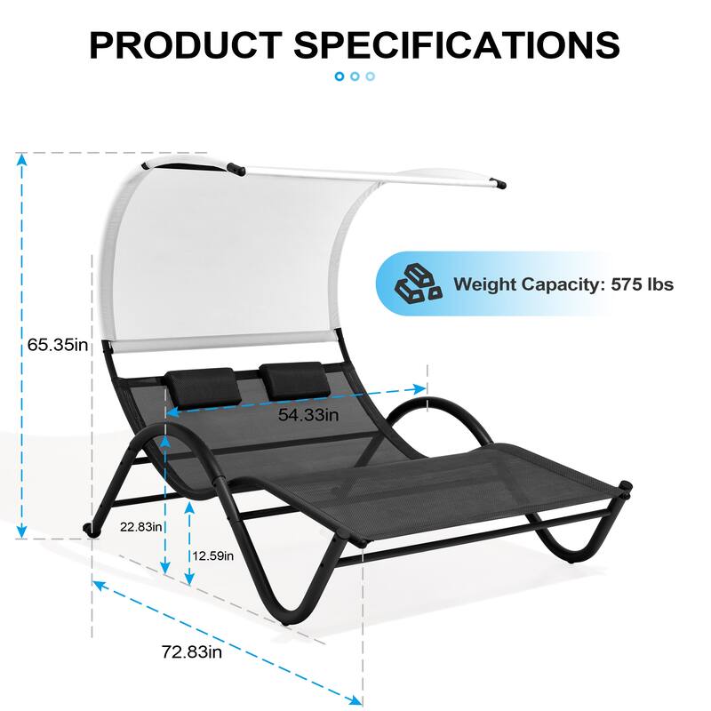 Outdoor Double Chaise Lounge Chair Double Sun Bed Lounger with Canopy Shade & Wheels - 72.83" D × 54.33" W ×65.35" H
