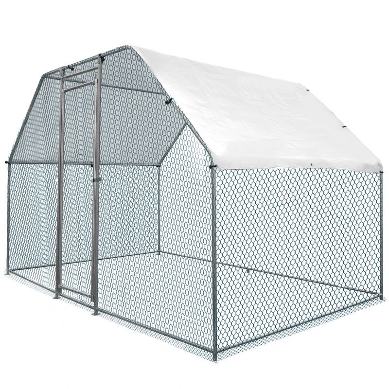 6.5x9.8x6.5 ft Metal Chicken Coop, Walk-in Poultry Cage with Cover - Silver