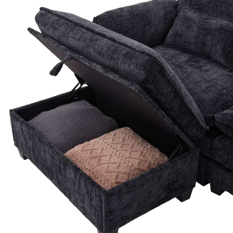 Modern Chenille Chaise Couch L-shaped Sectional Sofa with Storage Ottoman, Phone Holder, USB/Type-C Ports and Side Pockets