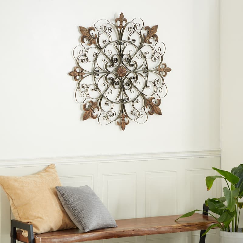 Brown Metal Medallion Fleur De Lis Home Wall Decor with Detailed Scrollwork