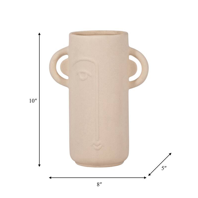Sagebrook Home Ivory Ceramic 10" Face Vase with Suar Wood Handles