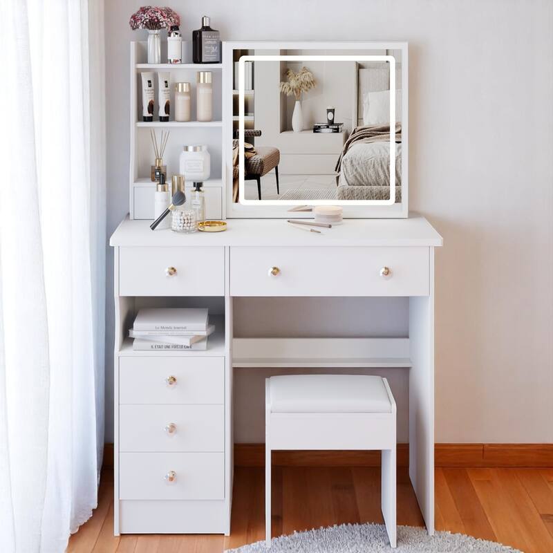 KISRAIS Fashion Vanity Desk with Mirror and Lights, 3 Color Lighting Brightness Adjustable