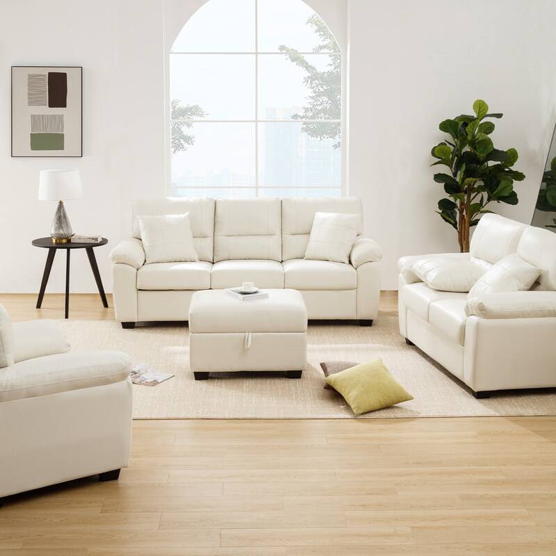 Upholstered Living Room Set, 4 Pieces - Faux Leather Chair, Loveseat, Sofa with Ottoman