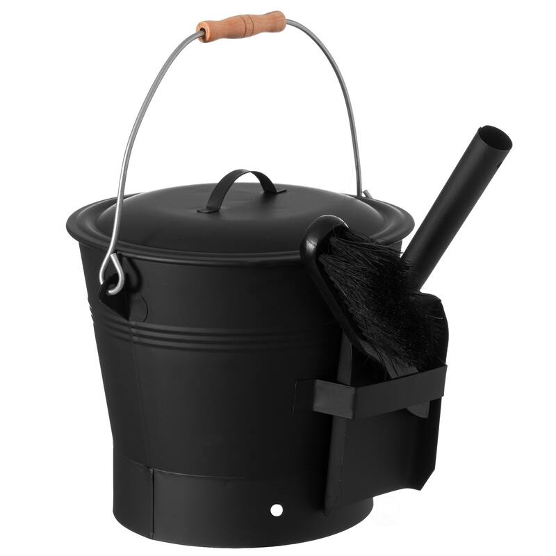 Black Iron Ash Bucket with Lid and Wood Handle Brush Use for Fire Pit, Wood Burning Stove and Grill - Black