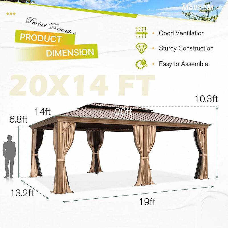 Outdoor Hardtop Gazebo, Wooden Finish Coated Aluminum Frame w Galvanized Steel Double Roof with Premium Curtains and Netting