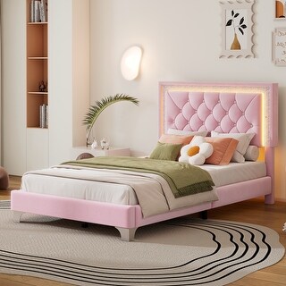 Velvet Upholstered Platform Bed with Soft Tufted Headboard, Kids Bedroom Twin Platform Bed with LED Light for Night's Sleep