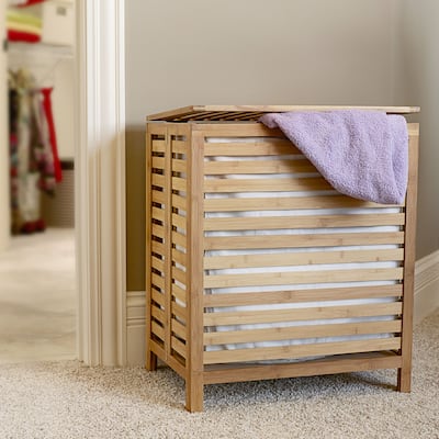 Household Essentials Natural Bamboo Laundry Hamper with Hinged Lid and Cotton Liner