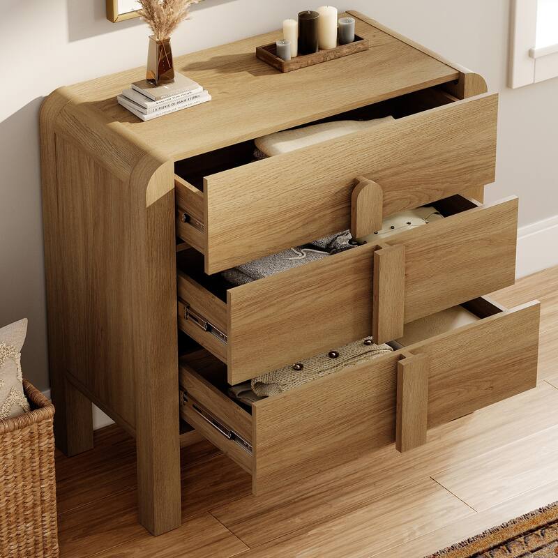 WAMPAT Modern Wood Nightstand With 3 Drawers ,31.5" Large Mid-Century End Table,Curved Bedside Table Storage Cabinet For Bedroom