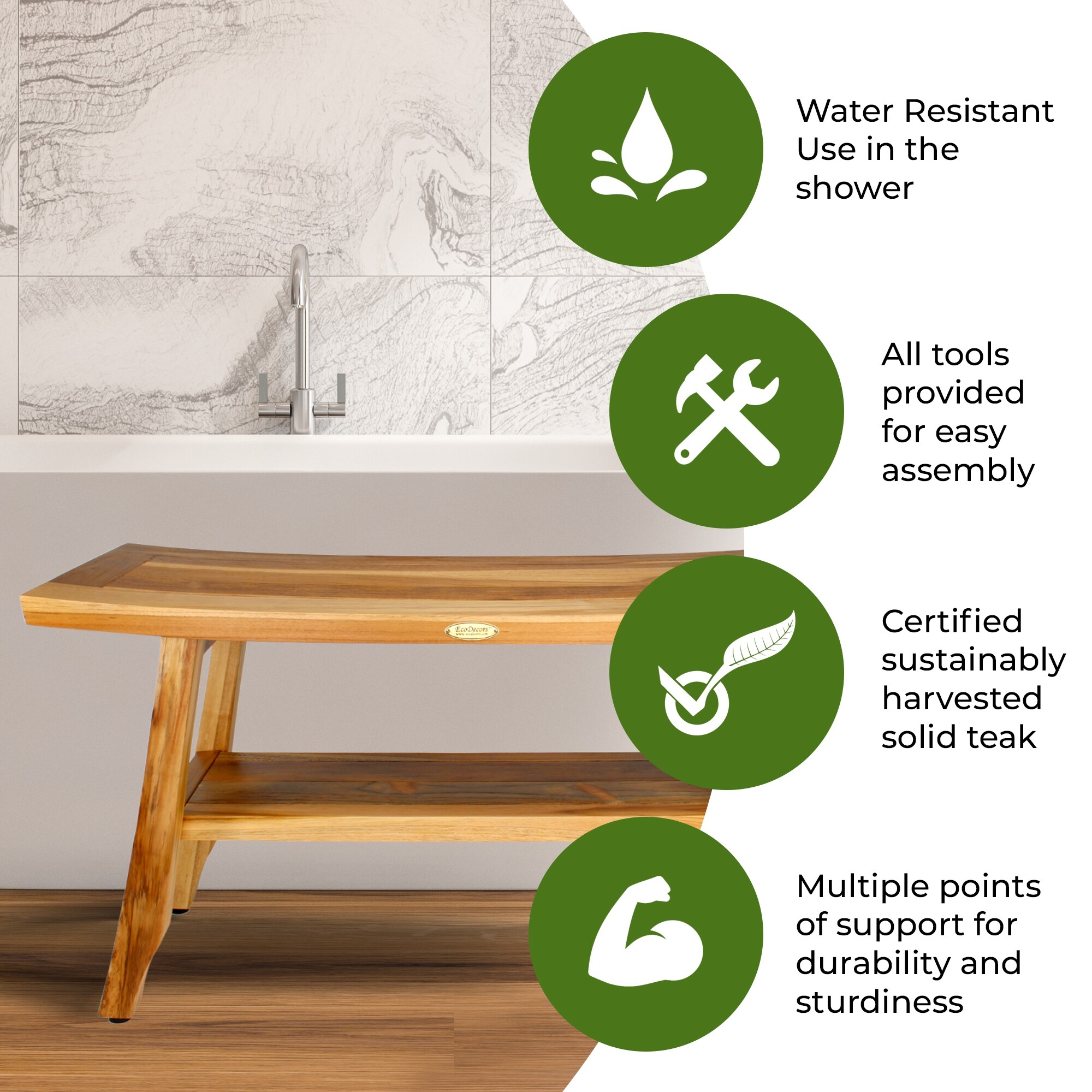 EcoDecors Satori 34 Inch Teak Shower Bench Wooden Bench Bathroom Bench Shower Seats for Adults Teak Shower Stool Bed Bath Beyond 28301047