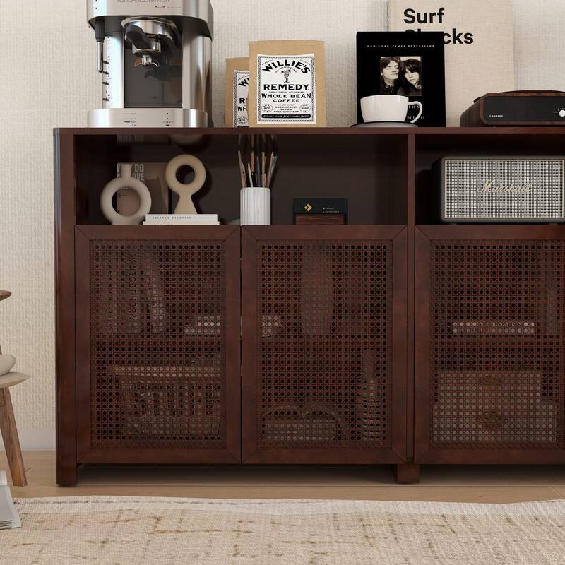 Mid Century Modern 63" Wide 4 - Cane Rattan Door Storage Sideboard with Open Shelf, Wine Bar Credenza for Living Room Entryway