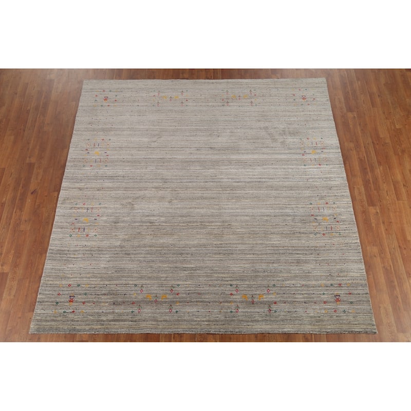 Striped Tribal Gabbeh Indian Square Area Rug Hand-Knotted Wool Carpet - 8'0"x 7'11"