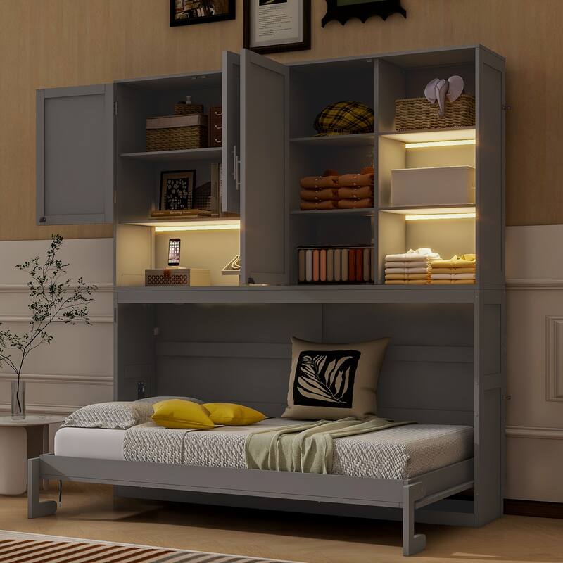 Roomfitters Twin Wall Murphy Bed with Top Cabinet Shelves Space Saving Design MDF