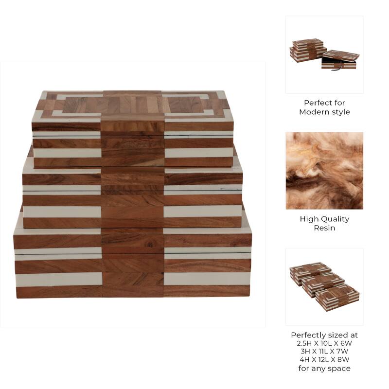 Resin Storage Boxes Geometric Inlay Nesting (Set of 3) - 3"/4" Ivory - 12" x 8" x 4"