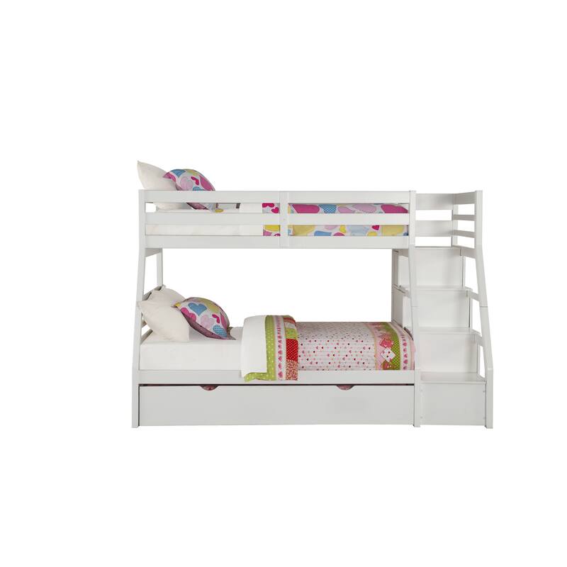 Twin/Full Bunk Bed with Trundle, Storage Ladder, and Drawers in Jason White Finish