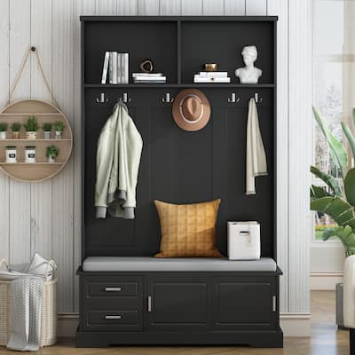 Entryway 3-in-1 Hall Tree with Storage Bench & Sliding Doors, Shoe Cabinet Coat Rack with Cushioned Seat & Anti-Tip