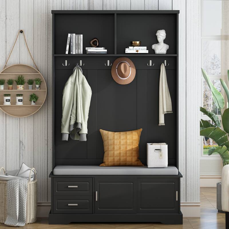 Hall Tree with Sliding Doors, Versatile Coat Rack with 6 Hooks & Handles, Mudroom Upholstered Bench Cabinet w/ Shoe Storag