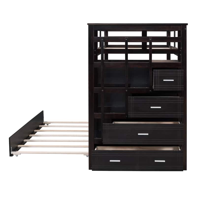 Twin Over Twin Bunk Bed with Trundle, Drawers and Storage Staircase