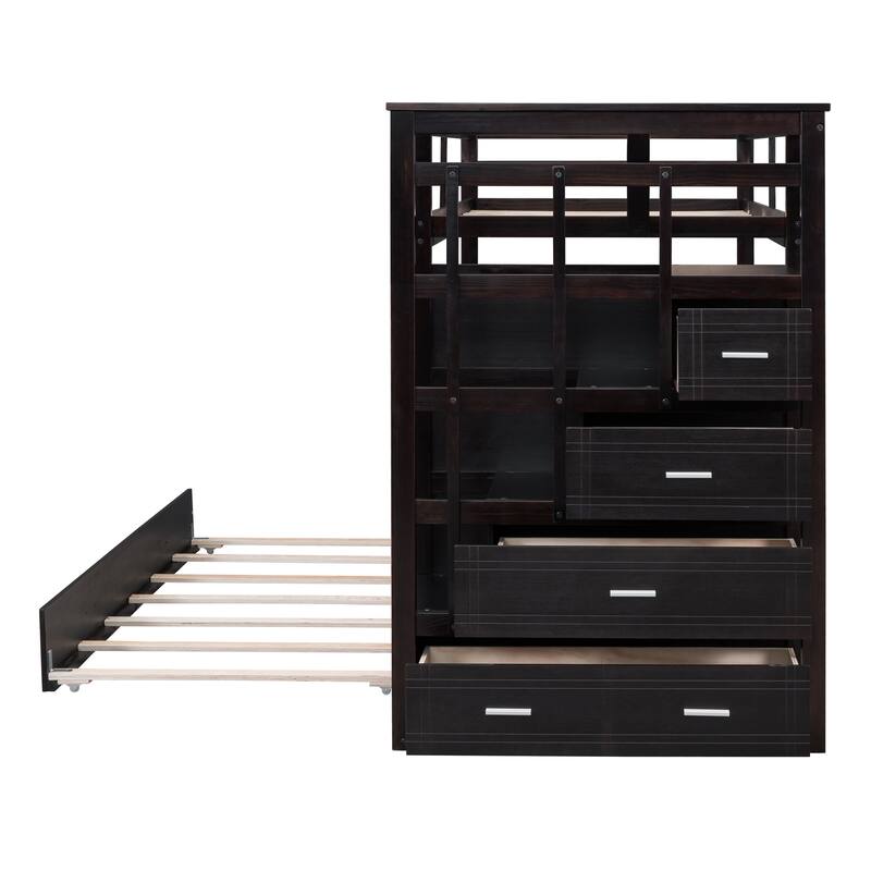 Twin Over Twin Bunk Bed with Trundle and Staircase, Espresso Finish