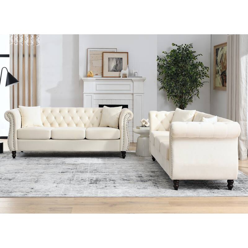 Chesterfield Black Velvet Sofa - 3+3 Seater Tufted Couch with Rolled Arms and Nailhead Trim, Includes Two Pillows