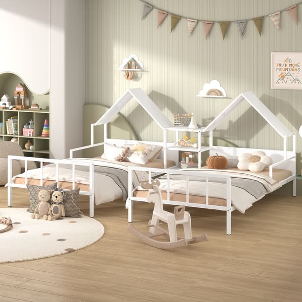 slide 2 of 30, Metal Double Twin Size Platform Bed with House-shaped Headboard and Built-in Nightstand, White White