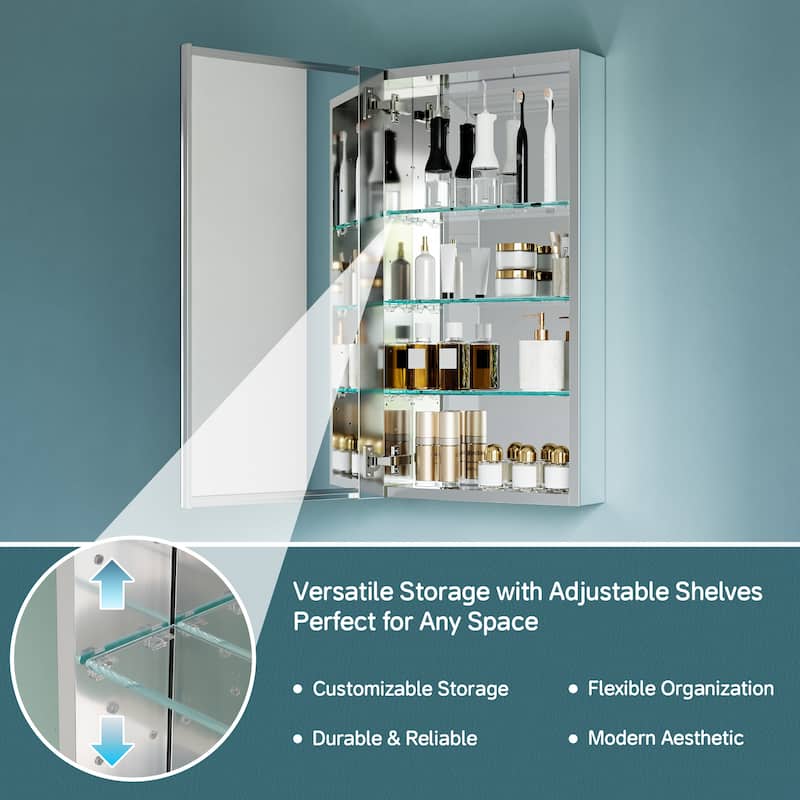 16x30" Tri-View Mirrored Medicine Cabinet with Soft-Close Blum Hinges, Reversible Door, Recessed/Surface Mount, Aluminum Body