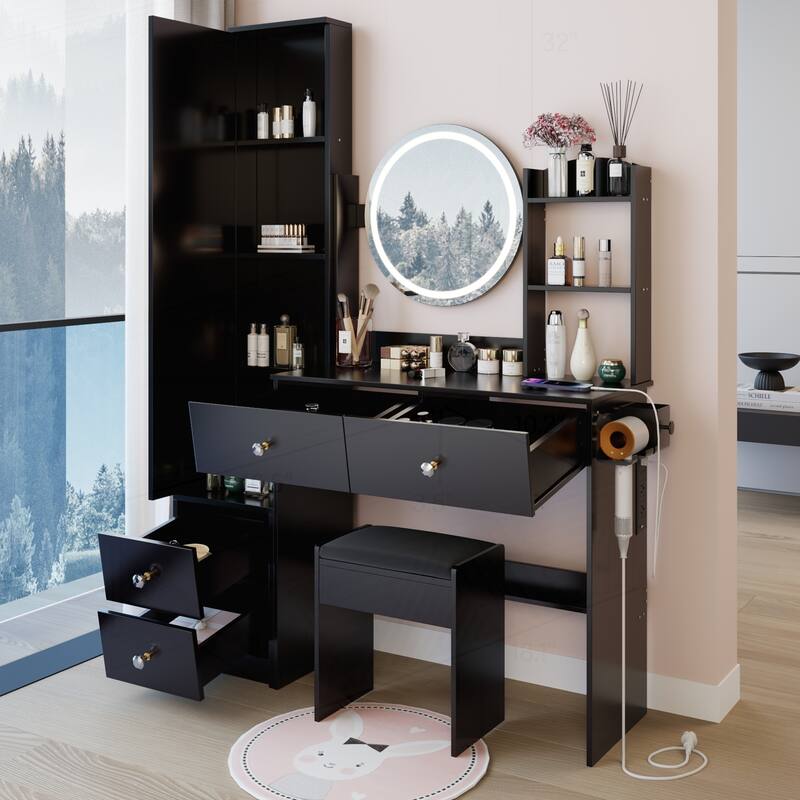 Versatile Vanity Table Set with LED Mirror and Multiple Power Ports