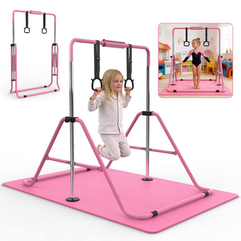 Gymnastics Bar for Kids, Gymnastics Horizontal Bar with Adjustable Height Foldable Training Bar with Mat for Home Practice