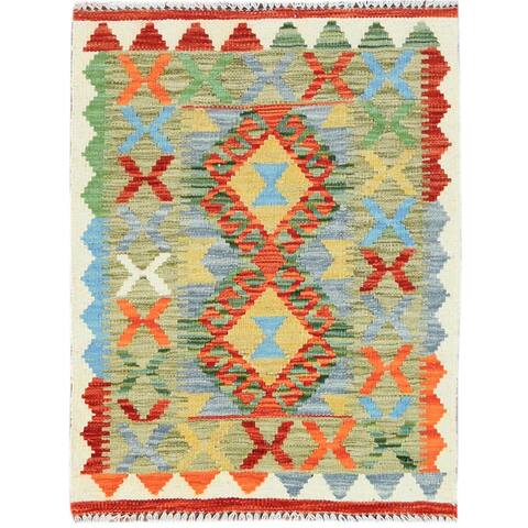 Shahbanu Rugs Hand Woven Green With Vibrant Colors Geometric Design Pure Wool Reversible Flat Weave Afghan Kilim Rug (2'0"x2'9")