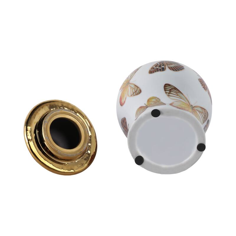 Ceramic Decorative Temple Jar with Lid and Metallic Butterfly Motif