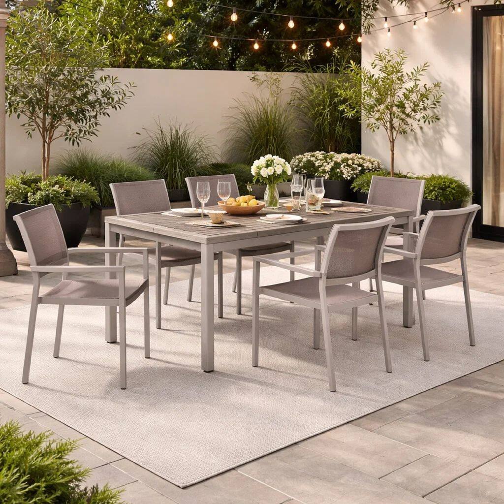 Fifi 7 Piece Dining Table Set, Gray Metal Frames, Smooth Textilene Fabric