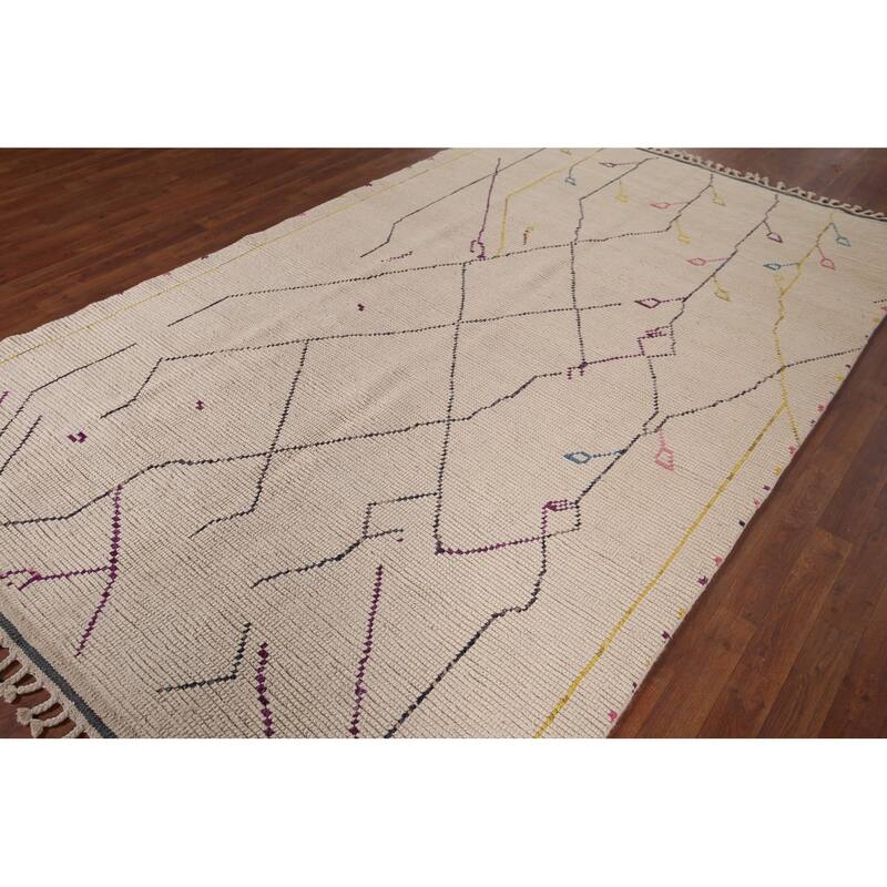 All-Over Striped Ivory Moroccan Area Rug Handmade Wool Carpet - 6'1"x 10'1"