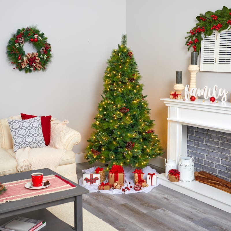 6ft. Mixed Pine Artificial Christmas Tree with Pine Cones, Berries and 350 Clear LED Lights - Elegant Holiday X-Mas Tree