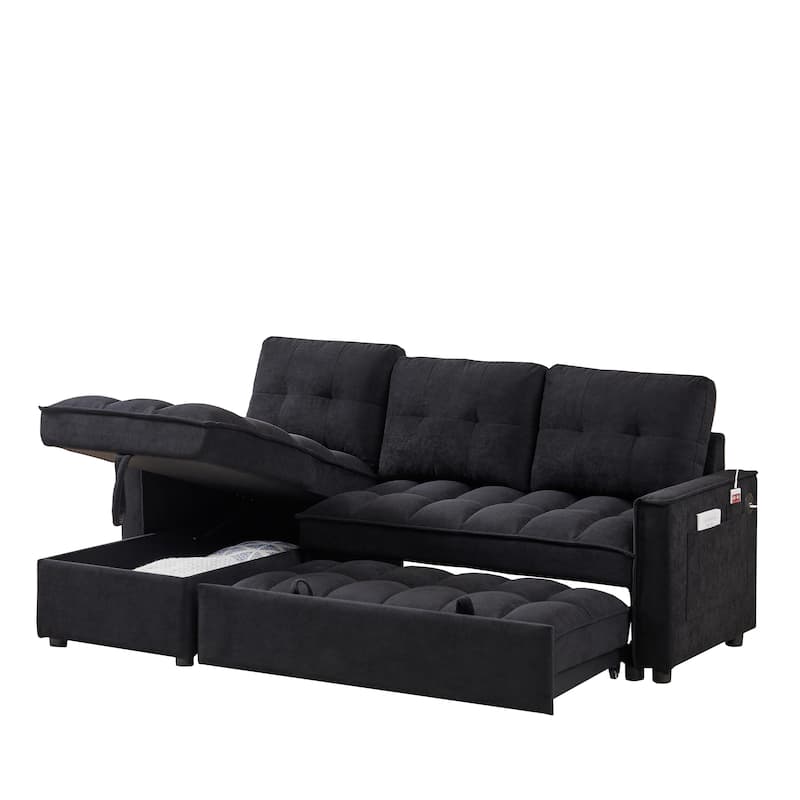 L-shaped Reclining Sofa Chenille Sectional Sofa with Storage Chaise, Pull Out Sleeper Bed, Charging Station and Side Pockets